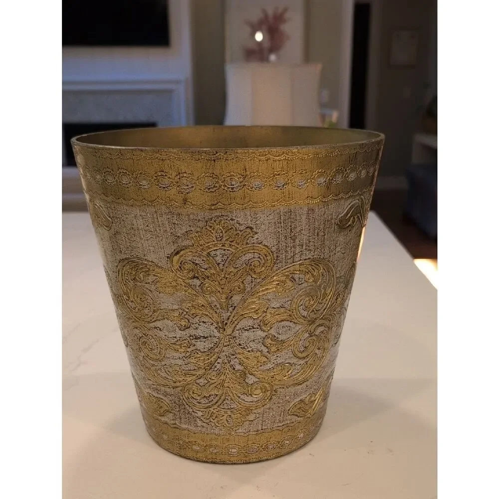 Florentine Gold and Cream Embossed Wastebasket Made in Italy Vintage